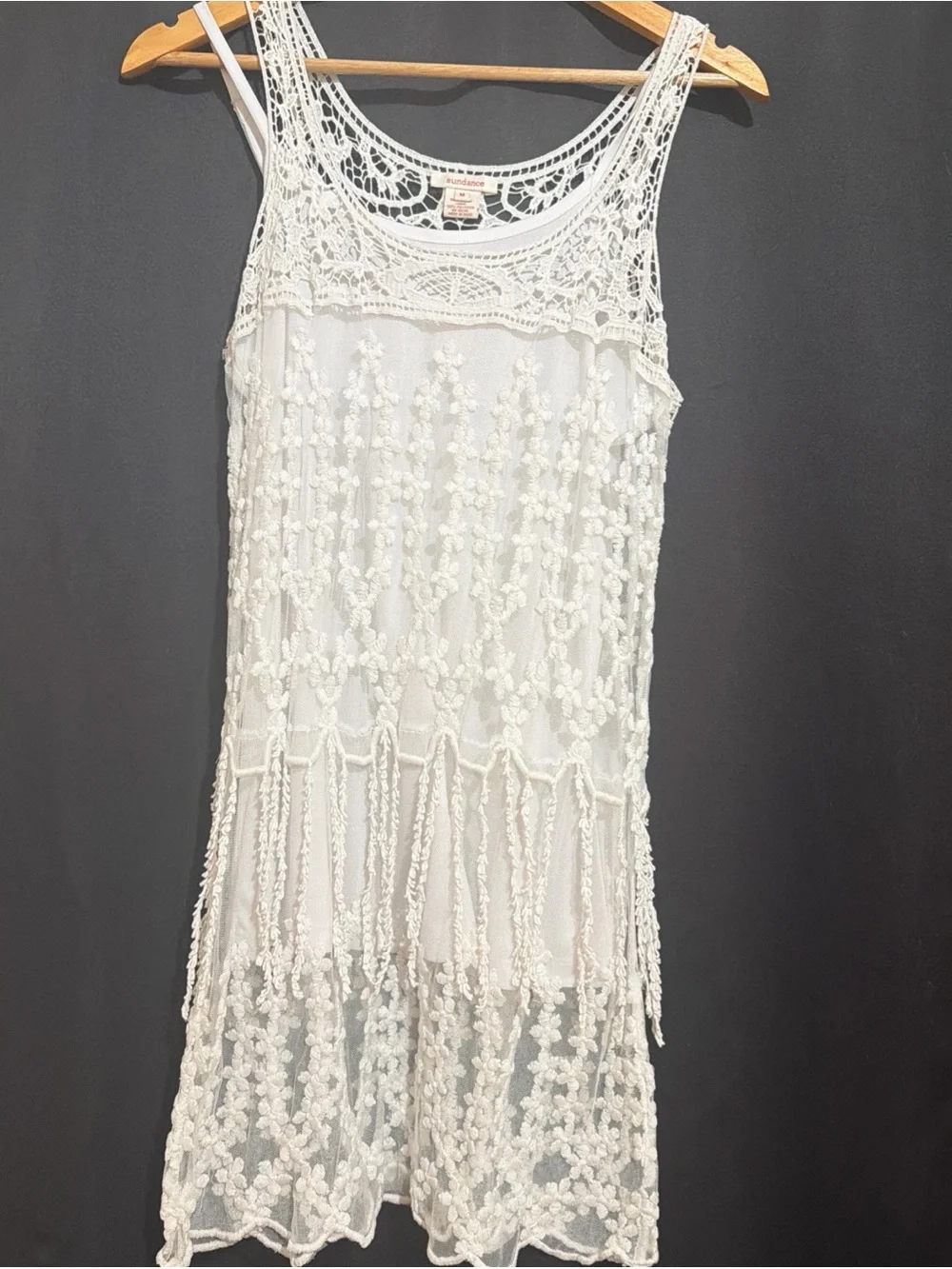 Vintage Sundance White Crochet Lace Fringe tunic top with adjustable tank SzM